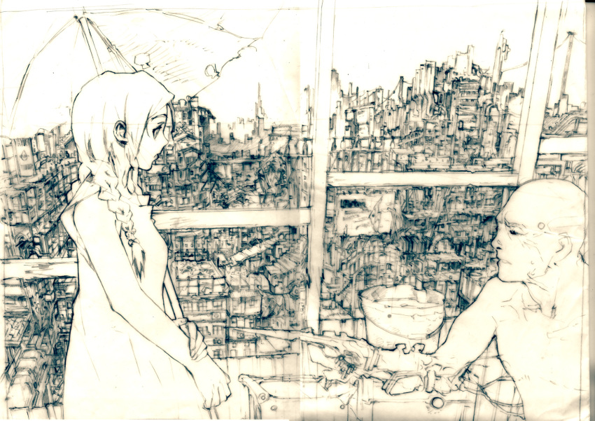 city cityscape dress highres humi monochrome old_man original short_twintails toi8 traditional_media twintails umbrella yellow