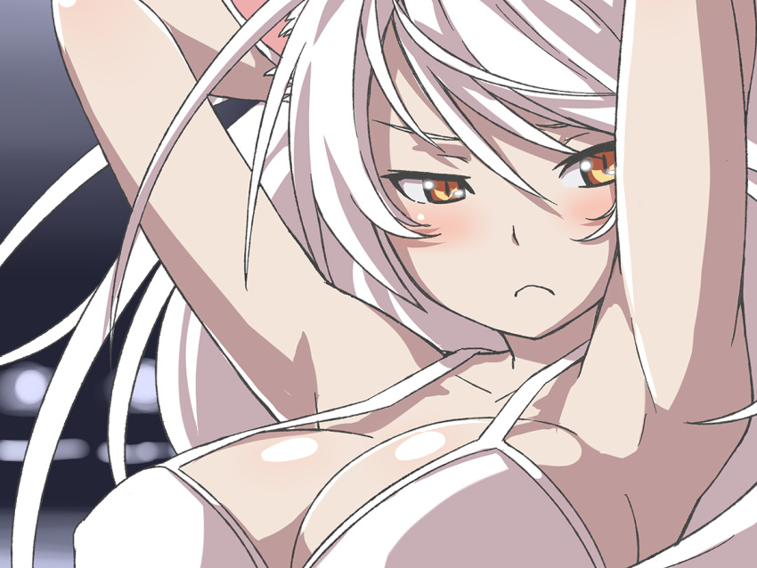 1girl animal_ears armpits arms_up bakemonogatari black_hanekawa bra breasts cat_ears cleavage frown hanekawa_tsubasa kuro_oolong large_breasts long_hair monogatari_(series) sketch solo underwear white_hair yellow_eyes