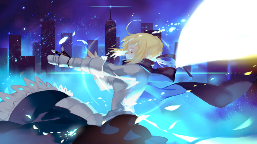 1girl ahoge armor blonde_hair cityscape closed_eyes coat dress fate/stay_night fate_(series) faulds gauntlets hair_ribbon joseph_lee long_sleeves ribbon saber scarf skirt solo transformation