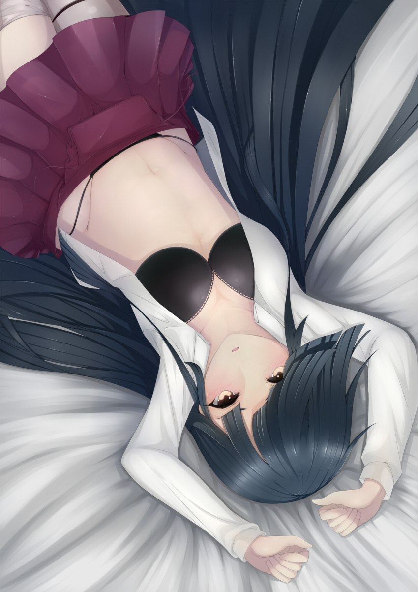 1girl arms_up artist_request bed black_bra black_hair black_panties bra brown_eyes hayashimo_(kantai_collection) highres kantai_collection long_hair lying midriff navel open_clothes open_shirt panties skirt solo thigh-highs underwear very_long_hair