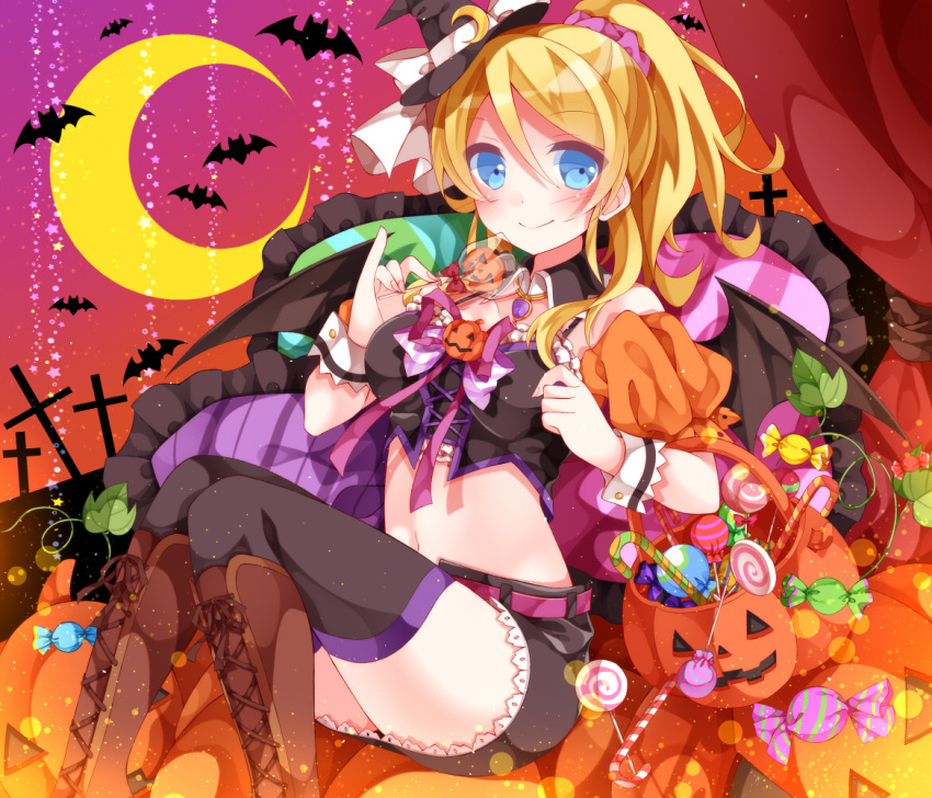 1girl ayase_eli bat blonde_hair blue_eyes candy crescent_moon halloween hat holding jack-o'-lantern lollipop long_hair looking_at_viewer love_live!_school_idol_project mog_(artist) moon navel ponytail sitting smile solo witch_hat