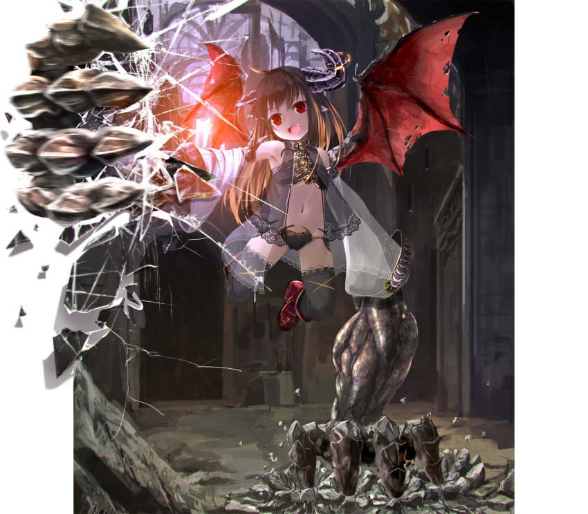 1girl ahoge arm_support bare_shoulders black_hair black_legwear claws demon_girl demon_wings fourth_wall highres horns kouji_(astral_reverie) long_hair monster_girl navel open_mouth original pointy_ears red_eyes solo thigh-highs wings