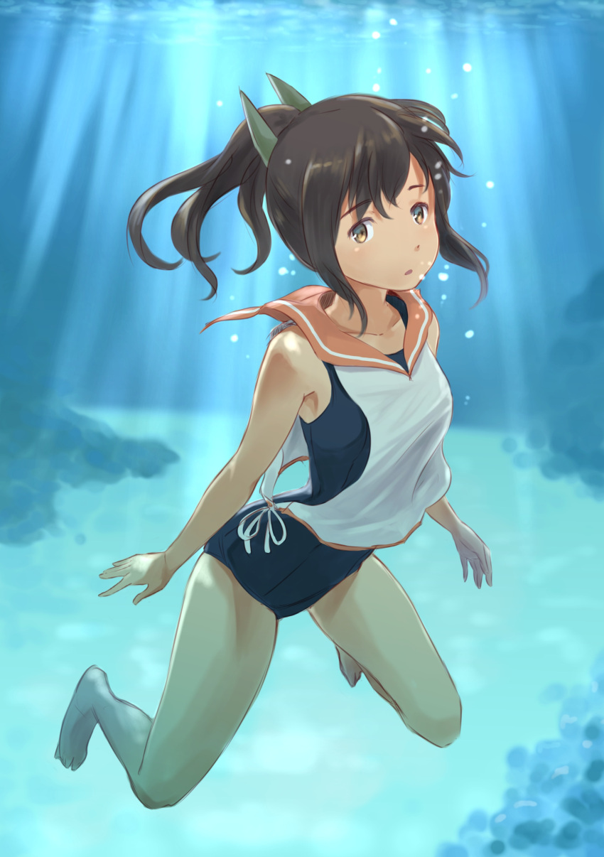 1girl absurdres bare_shoulders barefoot blush brown_eyes brown_hair bubble highres i-401_(kantai_collection) kantai_collection looking_at_viewer one-piece_swimsuit ponytail sailor_collar school_swimsuit school_uniform short_hair short_ponytail solo swimsuit swimsuit_under_clothes tan underwater wa_(genryusui) water