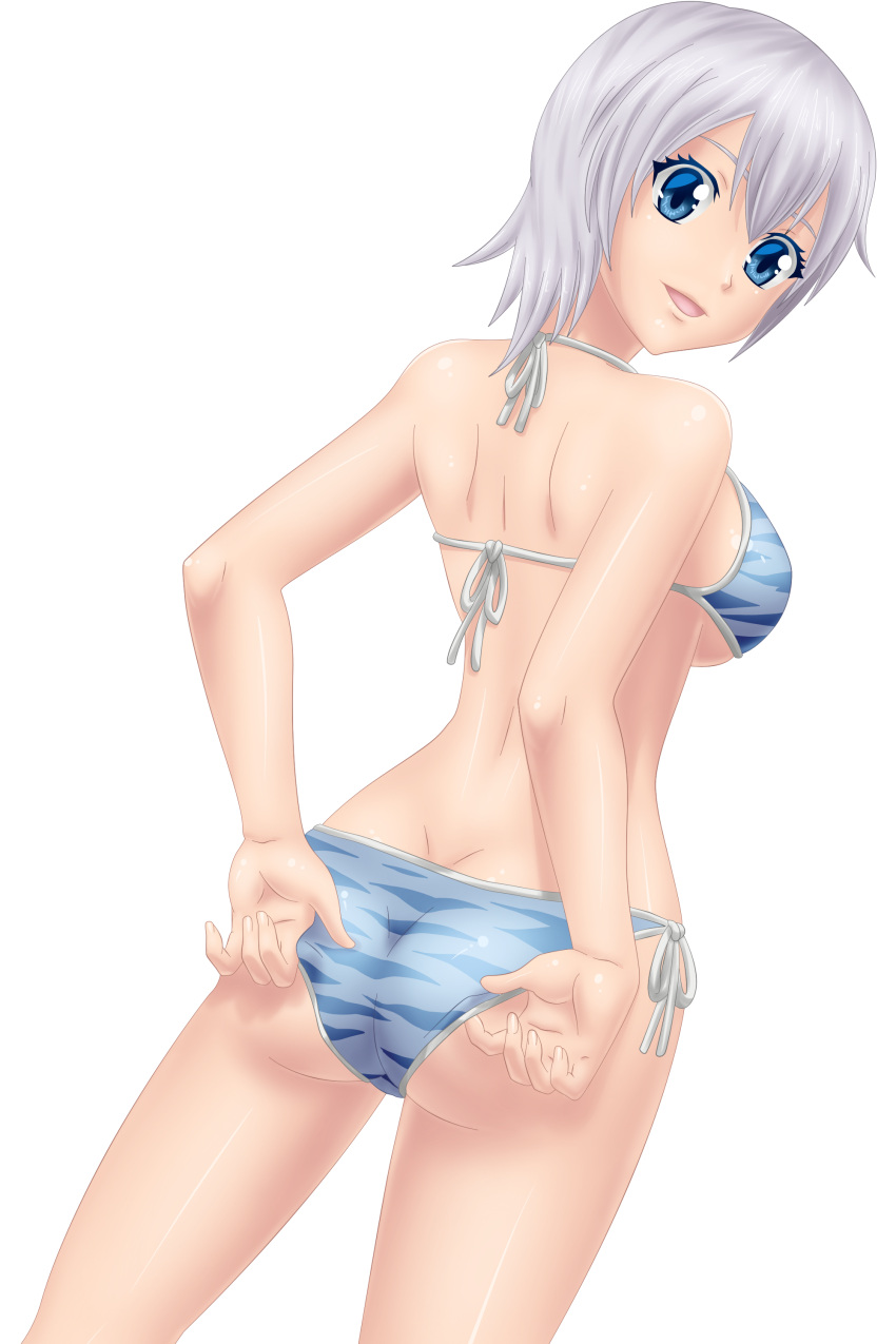 1girl absurdres ass bikini blue_eyes breasts fairy_tail highres large_breasts lisanna_strauss looking_at_viewer looking_back open_mouth short_hair silver_hair simple_background smile solo swimsuit transparent_background