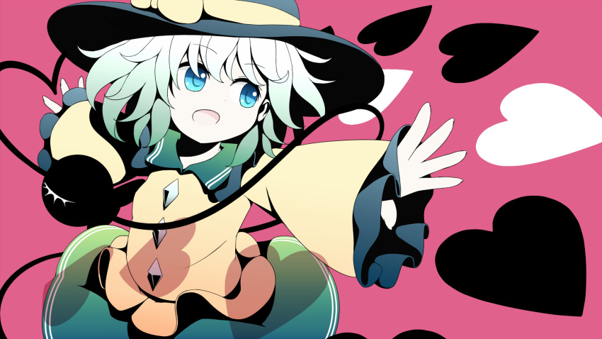 1girl blue_eyes dise hat heart highres komeiji_koishi open_mouth outstretched_arms short_hair simple_background solo touhou
