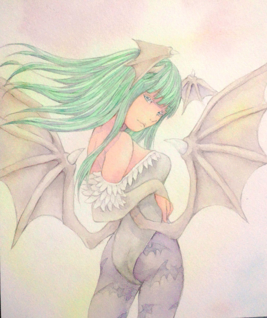 1girl bare_shoulders bat_print breasts bridal_gauntlets cowboy_shot demon_girl demon_wings expressionless from_behind green_eyes green_hair head_wings highres large_breasts leotard long_hair looking_at_viewer looking_back morrigan_aensland pantyhose pink_background print_legwear solo standing traditional_media vampire_(game) watercolor_(medium) wings yuyu_(00365676)