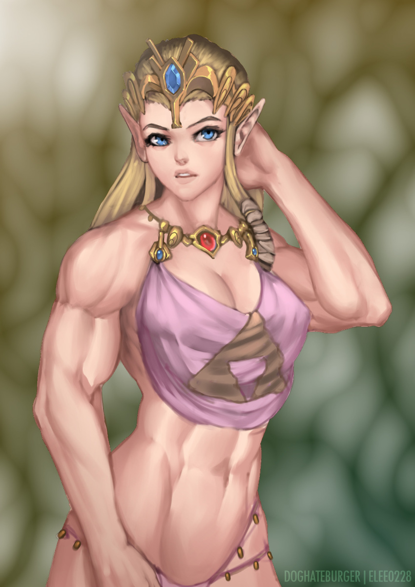 1girl abs blonde_hair blue_eyes breasts cleavage dog_hate_burger forehead_jewel hair_ribbon hand_in_hair highres lips long_hair lowleg lowleg_panties midriff muscle navel nose panties pointy_ears princess_zelda ribbon solo the_legend_of_zelda tiara triforce underwear zelda_musou