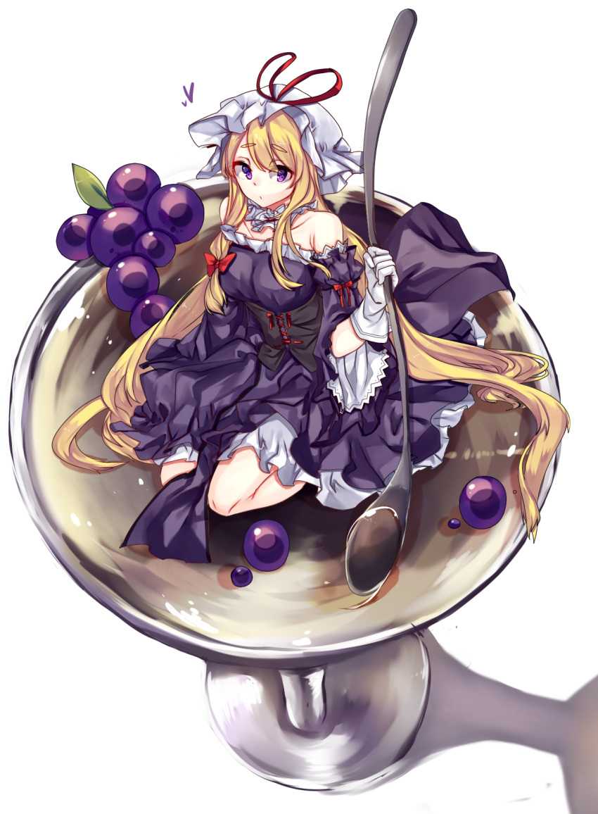 1girl bare_shoulders blonde_hair bow breasts collarbone corset cup dress food frilled_dress frills fruit gloves grapes hair_bow hat hat_ribbon highres large_breasts long_hair minigirl mob_cap nabezuru off_shoulder payot purple_dress ribbon sitting solo spoon touhou very_long_hair violet_eyes white_gloves wide_sleeves wine_glass yakumo_yukari