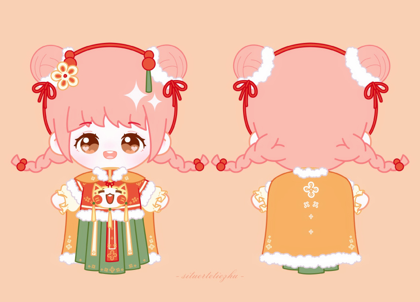 1girl absurdres animal_print artist_name blunt_ends braid brown_eyes cape cat_print chibi chinese_clothes chinese_commentary chinese_new_year collared_shirt commentary_request double_bun eyelashes floral_print flower frilled_sleeves frills from_behind fur-trimmed_cape fur-trimmed_jacket fur_trim green_skirt hair_bobbles hair_bun hair_flower hair_ornament hair_ribbon hair_scrunchie hairband happy heart heart_in_eye high_collar highres jacket layered_sleeves light_blush long_skirt long_sleeves looking_at_viewer mamianqun multiple_views nikki_(nikki) nikki_(series) open_mouth orange_background orange_cape pink_hair red_hairband red_jacket red_ribbon reference_sheet ribbon scrunchie shining_nikki shirt short_hair simple_background situ'erte_tiezhu skirt sleeves_past_wrists smile sparkle standing straight-on symbol_in_eye tangzhuang tassel tassel_hair_ornament teeth twin_braids upper_teeth_only white_flower white_scrunchie white_shirt