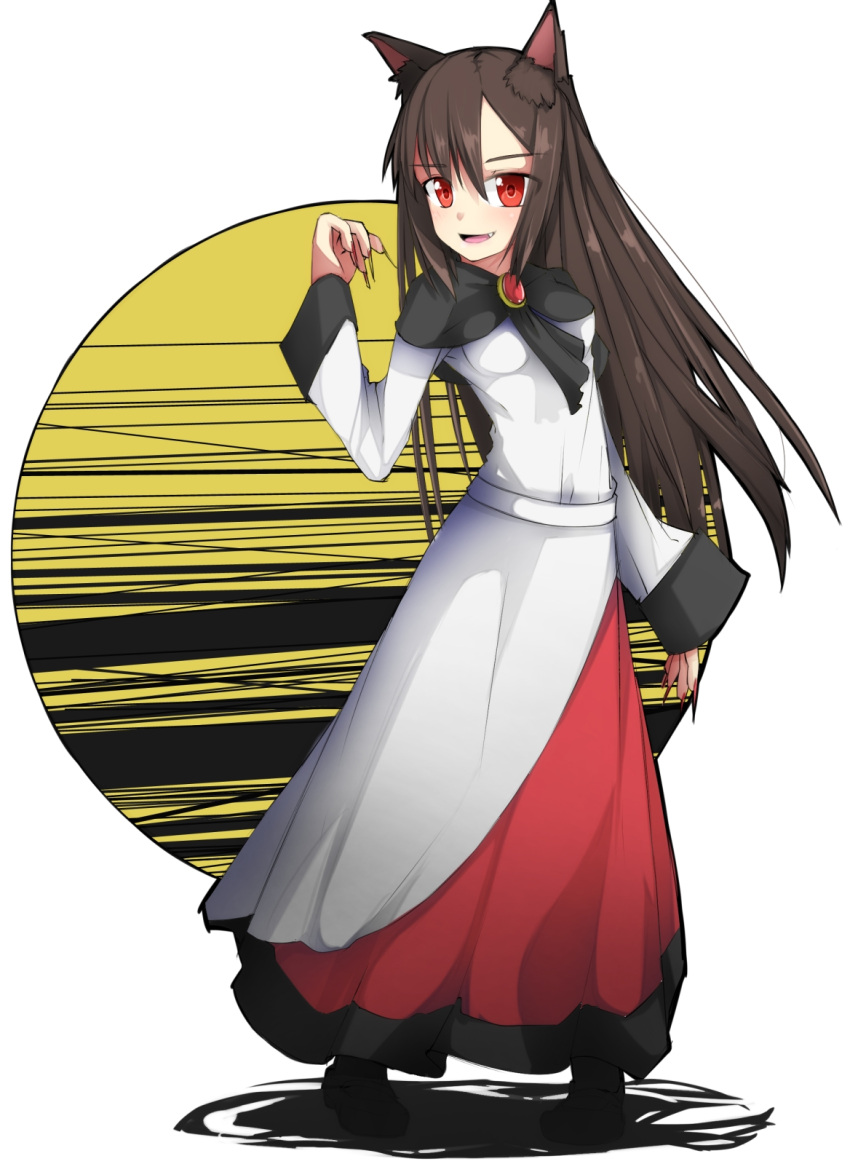 1girl animal_ears breasts brooch brown_hair dress fang fingernails highres imaizumi_kagerou jewelry long_fingernails long_hair looking_at_viewer nail_polish open_mouth red_eyes simple_background solo touhou uumaru1869 white_background wolf_ears