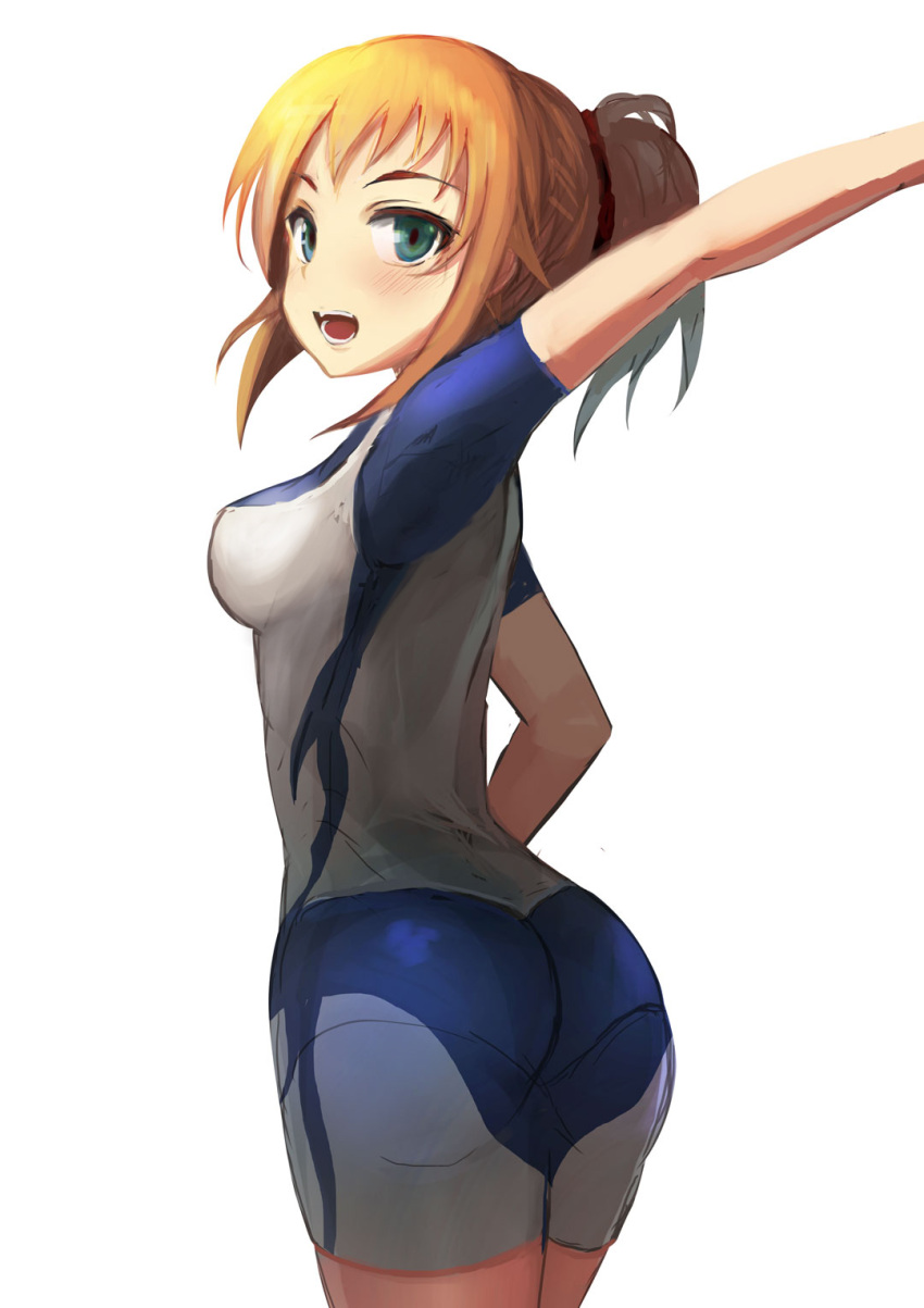 1girl aqua_eyes arm_up brown_hair cowboy_shot gundam gundam_build_fighters gundam_build_fighters_try highres hoshino_fumina open_mouth rods solo white_background