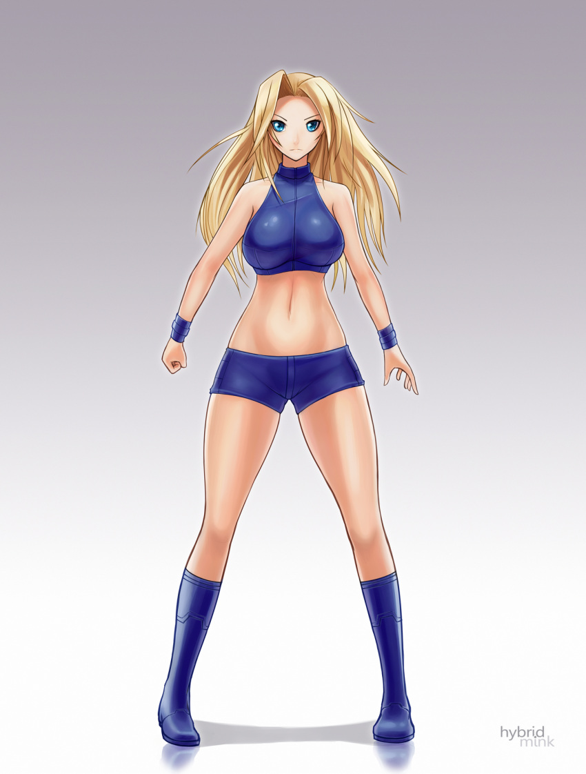 1girl bike_shorts blonde_hair blue_eyes boots breasts clenched_hand full_body hair_down halter_top halterneck highres hybridmink knee_boots large_breasts long_hair metroid metroid_fusion midriff navel samus_aran solo standing wristband