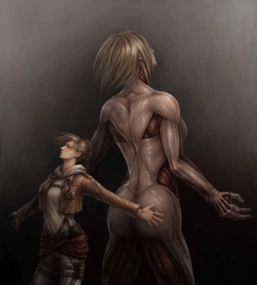 1girl annie_leonhardt back-to-back blonde_hair blue_eyes breasts dual_persona exposed_muscle female_titan gradient gradient_background highres jacket jason_peng jewelry outstretched_arms realistic ring shingeki_no_kyojin spoilers uniform