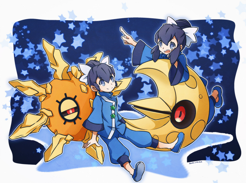 1boy 1girl blue_eyes blue_hair brother_and_sister chinese_clothes fuu_(pokemon) hacko hair_ornament lunatone open_mouth pointing pokemon pokemon_(creature) pokemon_(game) pokemon_oras ran_(pokemon) siblings sitting smile solrock star twins