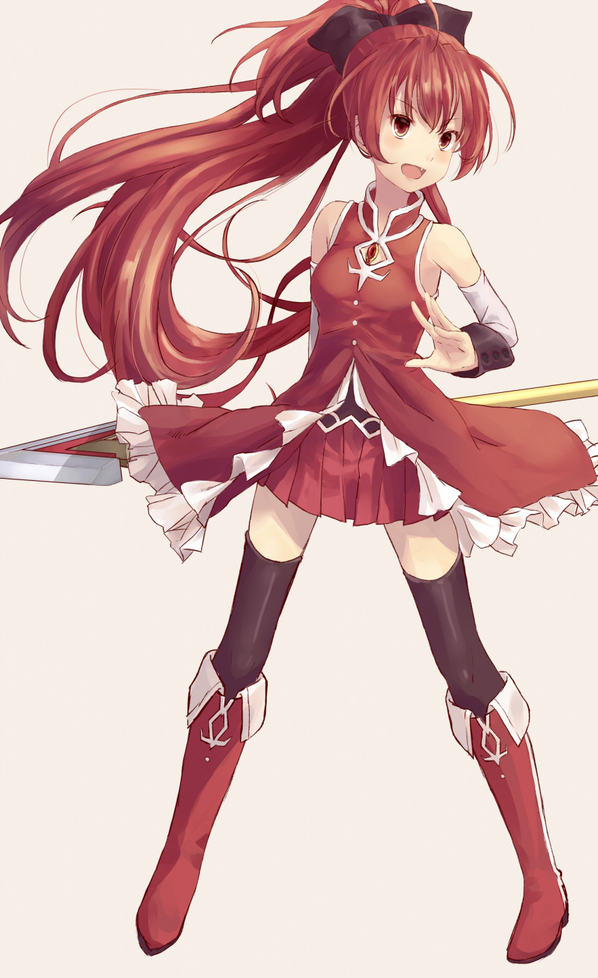 bare_shoulders boots bow detached_sleeves fang full_body hair_bow highres long_hair mahou_shoujo_madoka_magica open_mouth polearm ponytail red red_boots red_eyes red_skirt redhead ryokucha_manma sakura_kyouko simple_background skirt small_breasts smile soul_gem spear thigh-highs very_long_hair weapon zettai_ryouiki