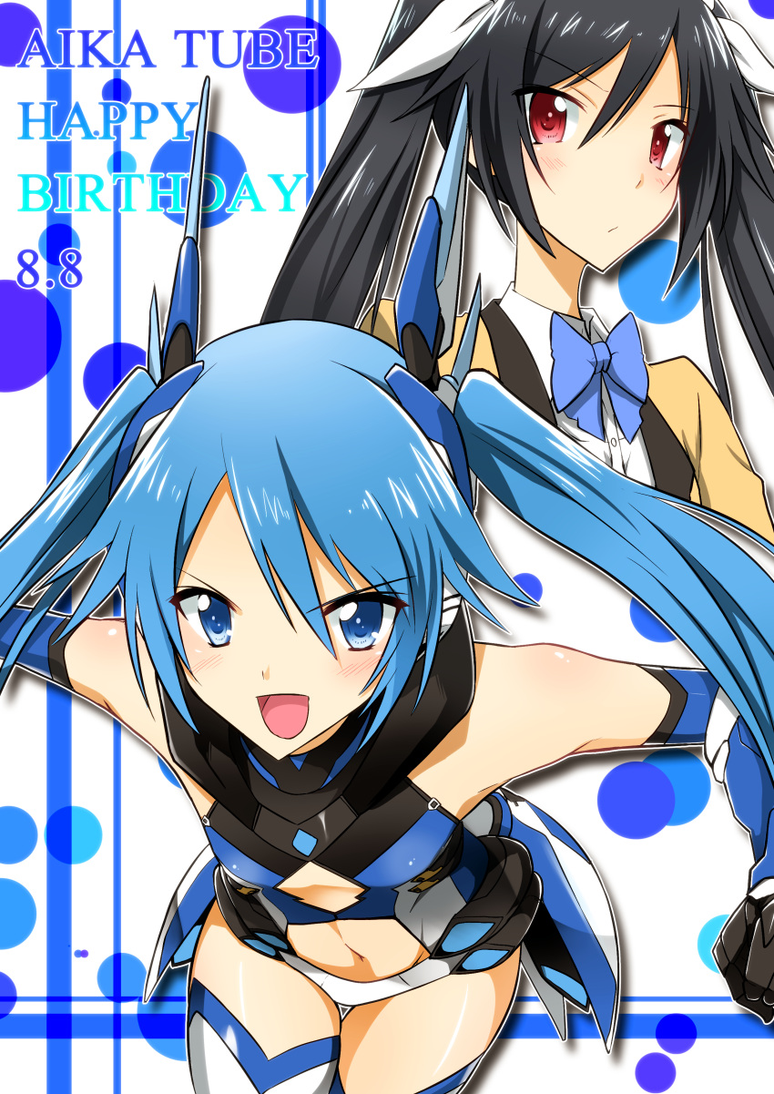2girls absurdres black_hair blue_eyes blue_hair bow character_name dated dual_persona elbow_gloves gloves happy_birthday highres long_hair mecha_musume multiple_girls ore_twintail_ni_narimasu red_eyes smile tail_blue thigh-highs tsube_aika twintails yuto_(dialique)