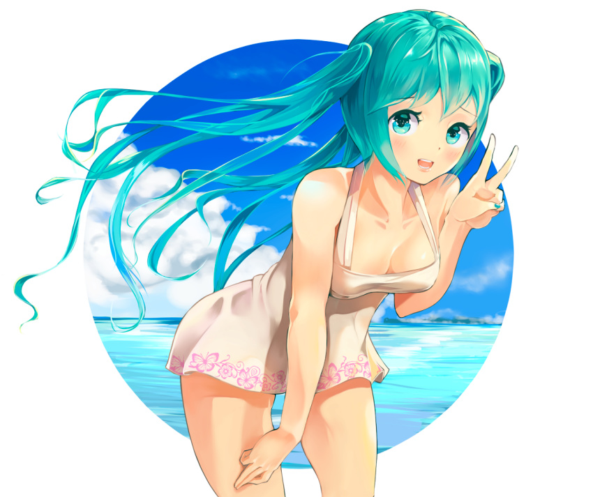 1girl aqua_eyes aqua_hair blush clouds dress floating_hair hatsune_miku leaning_forward long_hair looking_at_viewer mebin open_mouth sky solo twintails v vocaloid water