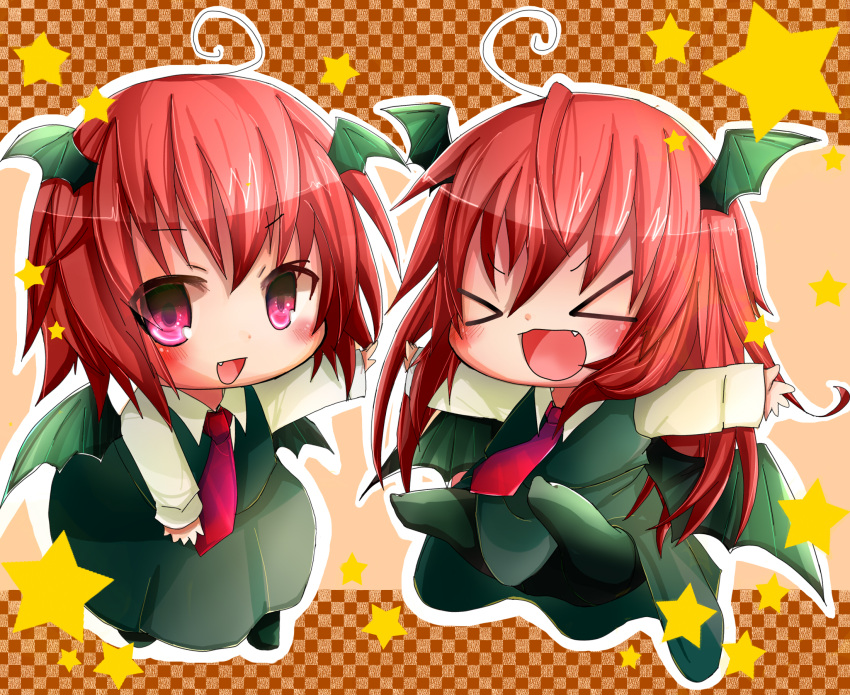 &gt;_&lt; 2girls :d ahoge asyuaffw bat_wings chibi dual_persona fang highres koakuma long_hair looking_at_viewer multiple_girls necktie open_mouth outstretched_arms redhead short_hair smile spread_arms touhou violet_eyes wings xd