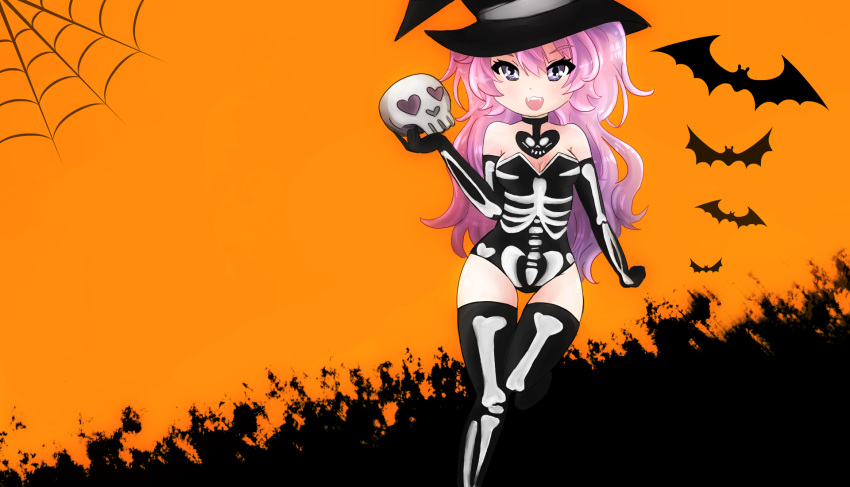 1girl :3 bare_shoulders bat breasts cleavage elbow_gloves fangs gloves halloween hat highres leotard long_hair nyanners nyanners_(character) open_mouth original pink_hair silk skeleton_costume skull solo spider_web thigh-highs thigh_gap witch_hat