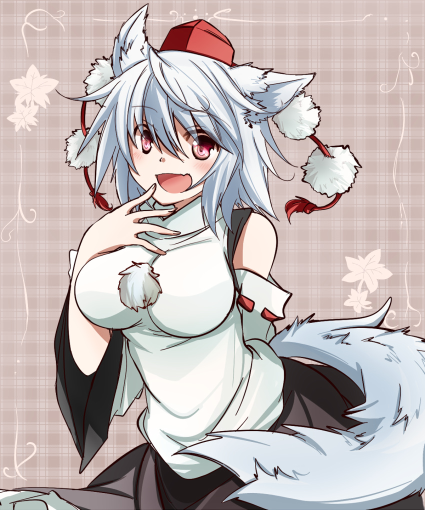 1girl animal_ears asyuaffw blush breasts bust detached_sleeves hand_to_own_mouth hat highres inubashiri_momiji large_breasts looking_at_viewer open_mouth plaid plaid_background pom_pom_(clothes) red_eyes ribbon-trimmed_sleeves ribbon_trim shirt short_hair silver_hair skirt solo tail tokin_hat touhou wolf_ears wolf_tail