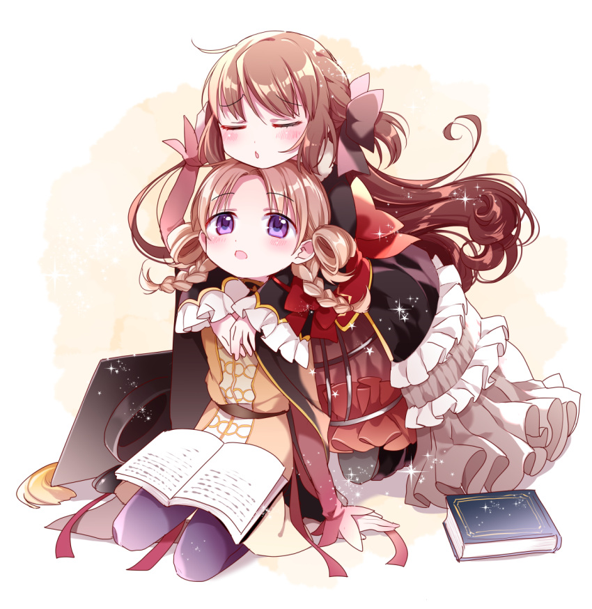 2girls arm_support arms_around_neck ayumaru_(art_of_life) beige_background black_cape black_legwear book book_on_lap braid brown_hair brown_ribbon cape chin_on_head closed_eyes curly_hair dress expressionless eyebrows_visible_through_hair facing_viewer frilled_dress frilled_sleeves frills full_body furrowed_eyebrows gradient gradient_background hair_ribbon hair_rings hat head_rest highres hiiragi_nemu kneeling layered_dress light_blush light_brown_hair long_hair long_sleeves looking_at_another looking_up magia_record:_mahou_shoujo_madoka_magica_gaiden mahou_shoujo_madoka_magica mortarboard multiple_girls open_book open_mouth pantyhose parted_lips purple_legwear red_ribbon ribbon satomi_touka seiza shiny shiny_hair simple_background sitting sleeves_past_wrists sparkle tassel twin_braids violet_eyes white_background wide_sleeves