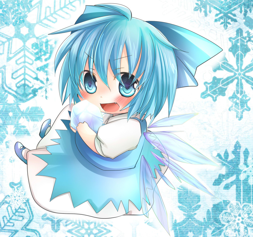 &gt;:d 1girl :d ahoge asyuaffw blue_eyes blue_hair bow chibi cirno fang hair_bow hair_ribbon highres holding ice looking_at_viewer open_mouth ribbon short_hair smile snowflakes solo touhou wings