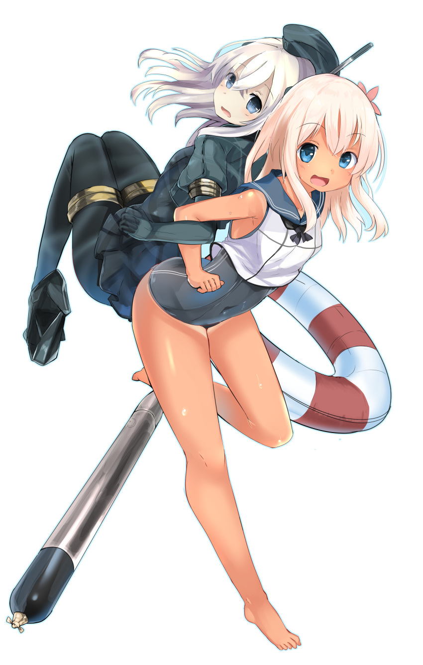 2girls :d absurdres bent_over black_legwear blue_eyes dual_persona haik hair_ornament hat highres innertube kantai_collection long_hair looking_at_viewer multiple_girls open_mouth pale_skin pantyhose ro-500_(kantai_collection) school_swimsuit school_uniform serafuku silver_hair simple_background smile solo swimsuit swimsuit_under_clothes tan tanline torpedo u-511_(kantai_collection) white_background