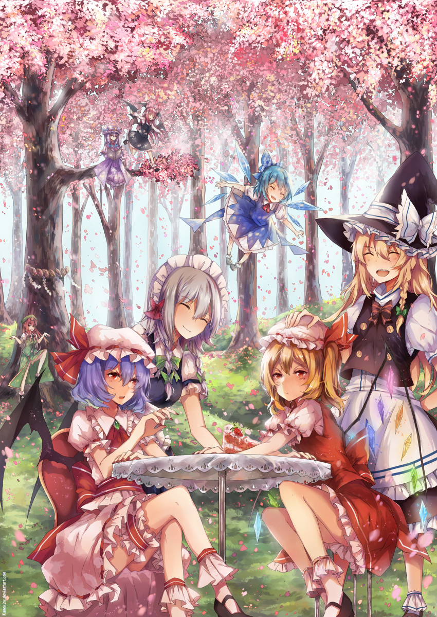 6+girls ankle_cuffs apron artist_name bat_wings beret blonde_hair blouse blue_hair book bow bowtie braid brooch cake chair cherry_blossoms china_dress chinese_clothes cirno cloak closed_eyes crane_stance crescent_moon crossed_legs dress fang flandre_scarlet flying food frown fruit grass grey_hair hair_bow hand_on_another's_head hat hat_ornament head_wings highres hong_meiling ice ice_wings in_tree izayoi_sakuya jewelry jumping kanekiru kirisame_marisa knee_up koakuma laughing lavender_hair long_hair maid maid_apron maid_headdress mob_cap moon multiple_girls nail_polish open_mouth patchouli_knowledge patting_head puffy_sleeves purple_hair red_eyes redhead remilia_scarlet rope shimenawa shoes short_hair side_braid side_ponytail sitting sitting_in_tree skirt skirt_set smile star strawberry striped striped_dress table tablecloth touhou tree twin_braids vest watermark web_address wings witch_hat