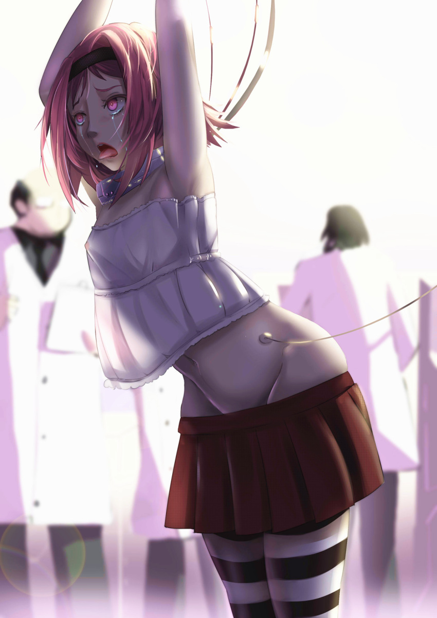 1girl bad_end blurry captured collar crying crying_with_eyes_open gokukoku_no_brynhildr hairband highres kazumi_schlierenzauer labcoat lens_flare navel necktie pink_eyes pink_hair red_skirt skirt solo_focus streaming_tears striped striped_legwear tears tongue torture worldless
