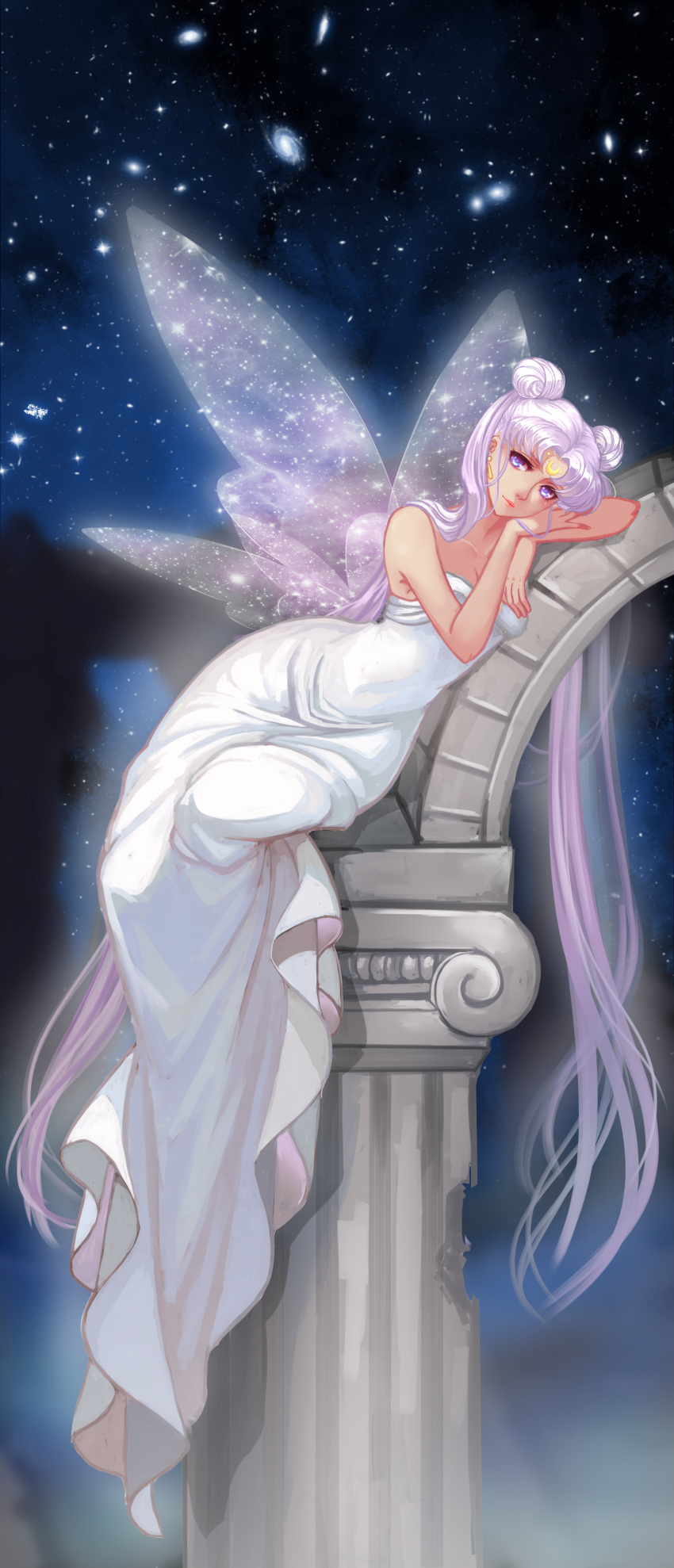 1girl absurdres bare_shoulders bishoujo_senshi_sailor_moon blue_eyes crescent double_bun douyougen dress facial_mark forehead_mark highres lips long_hair pillar queen_serenity solo strapless_dress twintails white_dress white_hair