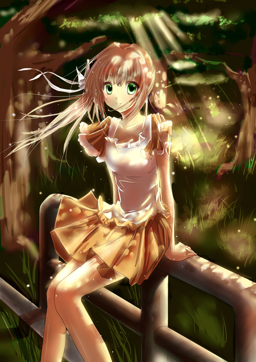 1girl absurdres clouble fence forest grass green_eyes highres light_rays looking_at_viewer nature original sitting_on_object solo sunbeam sunlight tree