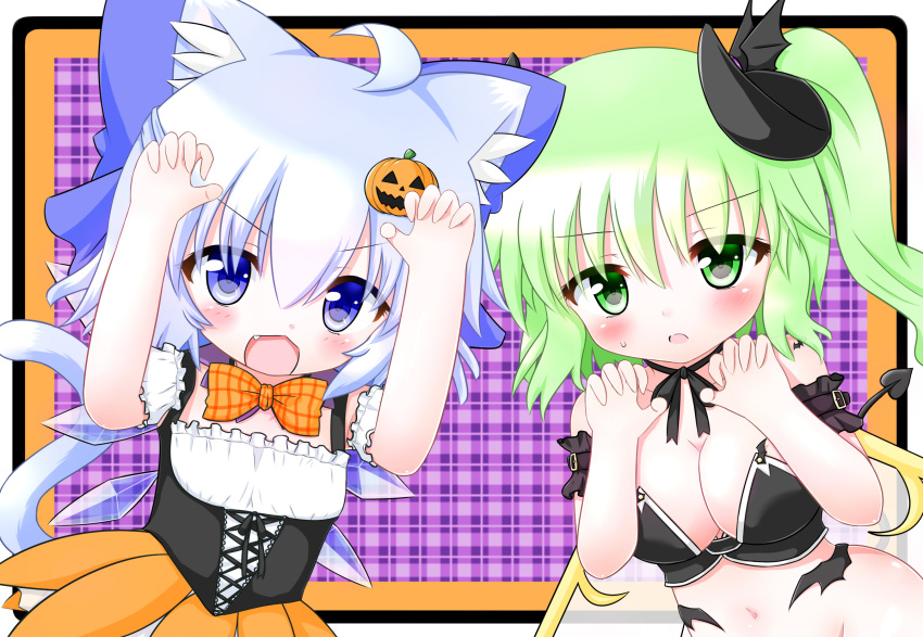 2girls alternate_costume animal_ears blue_eyes blue_hair blush bow breasts cat_ears cat_tail cirno cleavage daiyousei green_eyes green_hair hair_bow halloween highres ice mofu_mofu multiple_girls open_mouth short_hair side_ponytail tail touhou wings