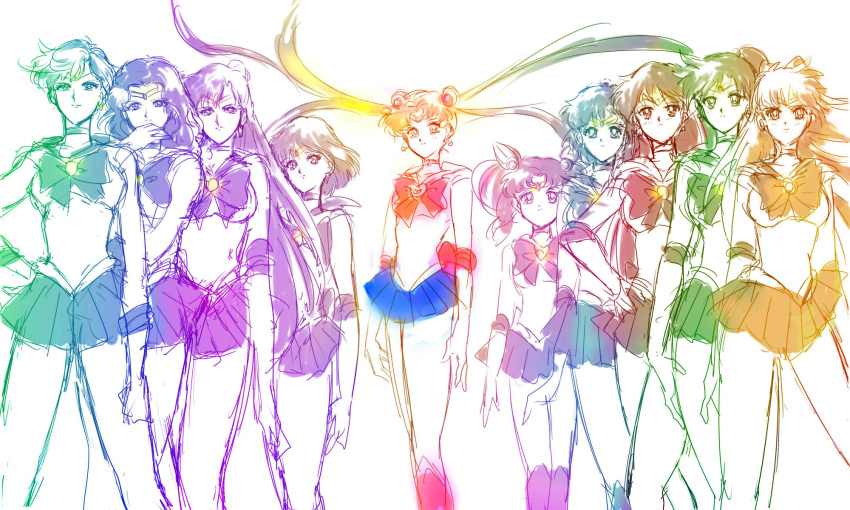 6+girls aino_minako bishoujo_senshi_sailor_moon bowtie chibi_usa choker circlet derivative_work floating_hair gradient highres hino_rei hoshiai_tora kaiou_michiru kino_makoto meiou_setsuna mizuno_ami multiple_girls pleated_skirt sailor_chibi_moon sailor_jupiter sailor_mars sailor_mercury sailor_moon sailor_neptune sailor_pluto sailor_saturn sailor_uranus sailor_venus sketch skirt spot_color standing ten'ou_haruka tomoe_hotaru tsukino_usagi twintails