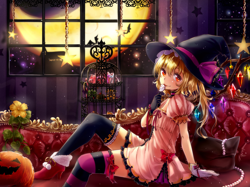 1girl alternate_costume black_gloves black_legwear blonde_hair candy cat_pillow couch crescent dress flandre_scarlet gloves glowing glowing_wings halloween halloween_costume hat high_heels jack-o'-lantern licking lollipop looking_at_viewer pink_dress puffy_short_sleeves puffy_sleeves red_eyes shironeko_yuuki short_sleeves side_ponytail smile solo star striped striped_legwear thigh-highs tongue tongue_out touhou white_gloves wings witch_hat zettai_ryouiki