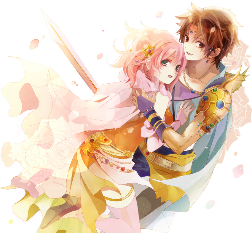 1boy 1girl bridal_gauntlets brown_eyes brown_hair butz_klauser cape earrings final_fantasy final_fantasy_v green_eyes hair_ornament hand_on_another's_back jewelry kiisa lenna_charlotte_tycoon open_mouth pink_hair short_hair sword thigh-highs weapon