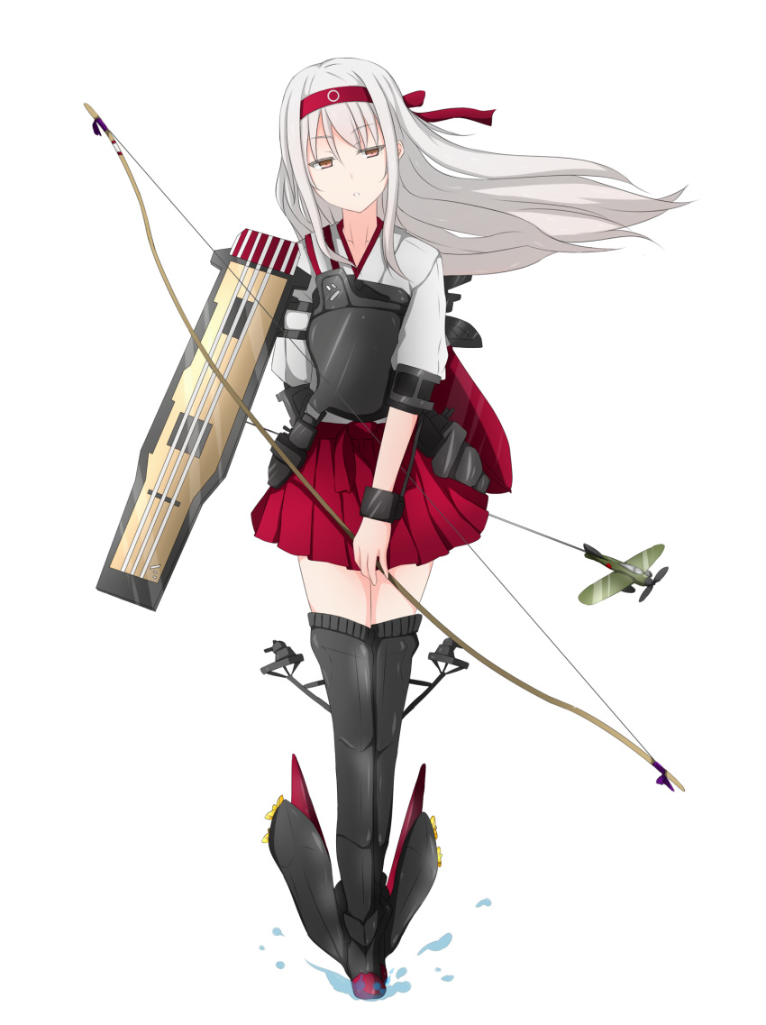 1girl airplane arm_behind_back arrow boots bow_(weapon) brown_eyes flight_deck hakama_skirt half-closed_eyes haruzora_momiji headband highres japanese_clothes kantai_collection long_hair machinery muneate pleated_skirt red_skirt shoukaku_(kantai_collection) simple_background skirt solo standing thigh-highs thigh_boots weapon white_background white_hair