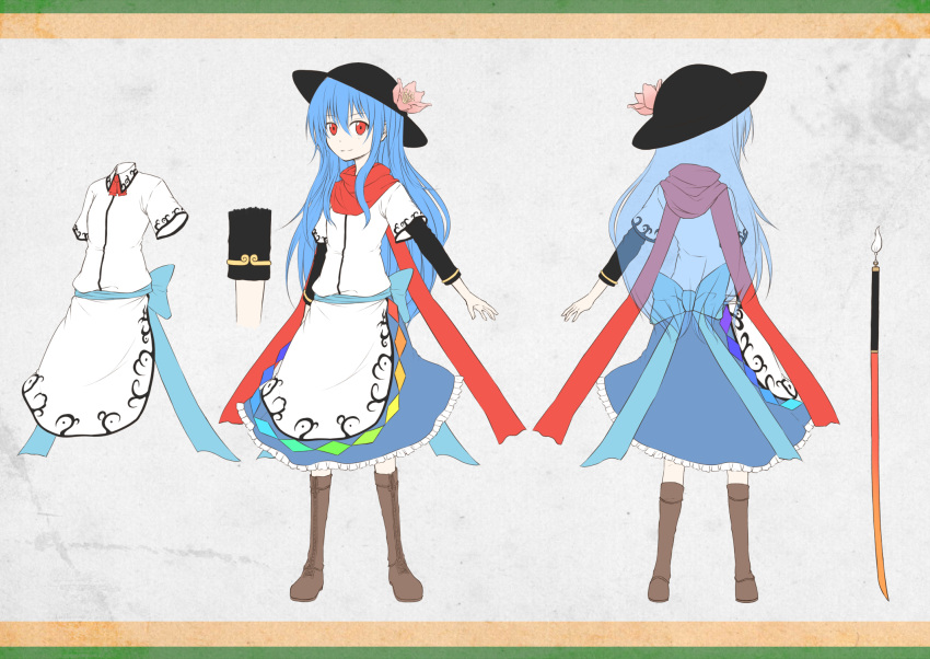 1girl blue_hair boots bow character_sheet flower hat hat_flower highres hinanawi_tenshi judo_fuu long_hair red_eyes scarf smile solo sword_of_hisou touhou turnaround weapon