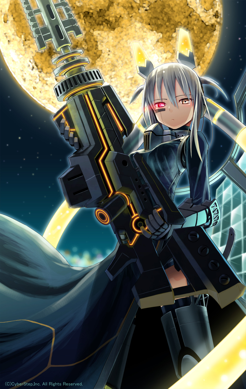 absurdres armored_boots cape cosmic_break gauntlets glowing glowing_eye grey_hair gun headgear highres looking_at_viewer moon morizo_cs night night_sky official_art red_eyes rifle sky sniper sniper_rifle tattoo weapon