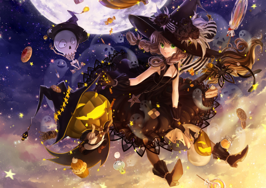 1girl bag bare_arms black_dress black_gloves blonde_hair boots braid breasts broom broom_riding candy cleavage cookie dress flower food full_moon ghost gloves green_eyes halloween hat hat_flower highres honeypot huazha01 jack-o'-lantern jewelry lollipop moon necklace night official_art original pendant skeleton sky sleeveless sleeveless_dress smile twin_braids witch witch_hat