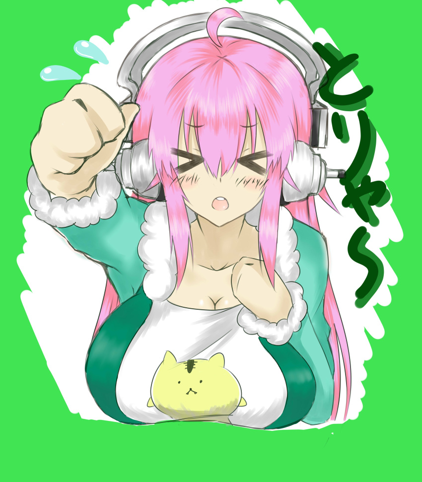 &gt;_&lt; 1girl absurdres blush breasts cleavage closed_eyes hand_on_own_chest headphones highres large_breasts long_hair nitroplus open_mouth pink_hair solo super_sonico