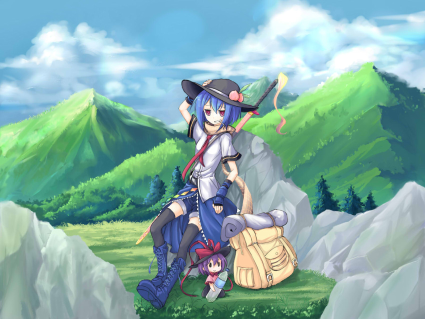 2girls alternate_hair_length alternate_hairstyle backpack bag blue_hair boots bottle bow clouds food fruit grass grin hat highres hinanawi_tenshi ko_kita minigirl mountain multiple_girls nagae_iku neckerchief peach purple_hair red_eyes ribbon scarf short_hair sky smile sword_of_hisou touhou