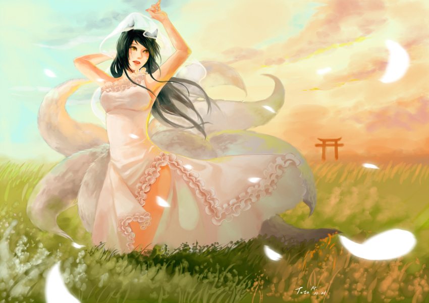 1girl ahri animal_ears bare_shoulders black_hair breasts facial_mark fox_ears fox_tail highres league_of_legends long_hair multiple_tails open_mouth smile solo tagme tail whisker_markings yellow_eyes