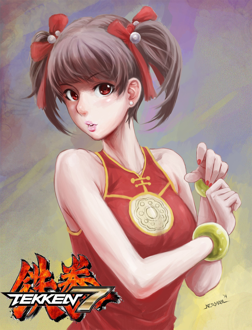 1girl absurdres bracelet brown_eyes brown_hair china_dress chinese_clothes copyright_name dress earrings highres jewelry ling_xiaoyu lips makatags nail_polish namco puckered_lips short_twintails sleeveless sleeveless_dress small_breasts solo tekken twintails