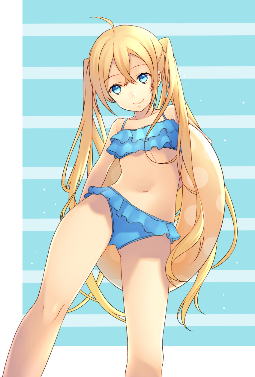 1girl ahoge arm_behind_back blonde_hair blue_eyes carrying frilled_swimsuit frills from_below highres innertube lio_(rumei2265874644) long_hair looking_at_viewer navel original solo swimsuit twintails