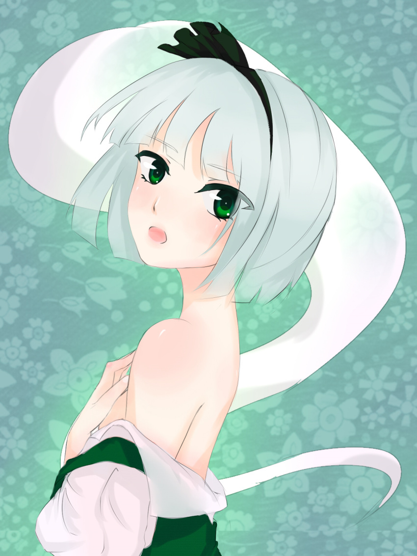 1girl bare_shoulders covering covering_breasts floral_background from_side green_background green_eyes hair_ribbon hairband highres konpaku_youmu konpaku_youmu_(ghost) looking_at_viewer looking_to_the_side nape open_mouth patterned_background ribbon shirt_down short_hair silver_hair solo touhou twor