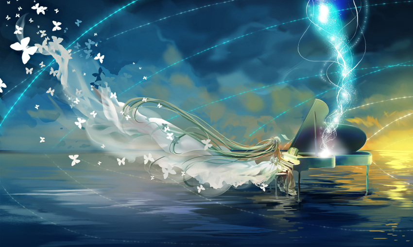 1girl absurdly_long_hair butterfly dress floating_hair grand_piano green_hair hatsune_miku highres instrument long_hair miemia piano playing_instrument sitting solo sunrise twintails very_long_hair vocaloid