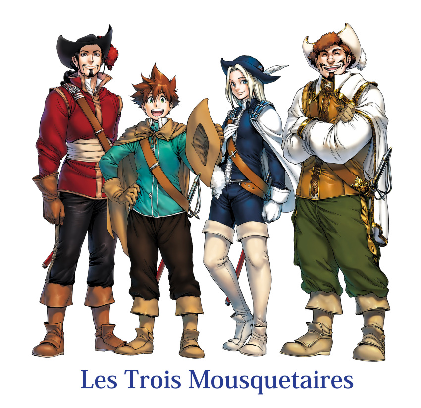4boys :d aoihon aramis_(three_musketeers) athos beard black_hair blue_eyes boots brown_eyes brown_hair cape closed_eyes copyright_name d'artagnan facial_hair french gloves green_eyes hat hat_feather highres holding holding_hat long_hair male multiple_boys mustache open_mouth porthos rapier scabbard sheath smile sword the_three_musketeers thigh-highs thigh_boots weapon white_hair