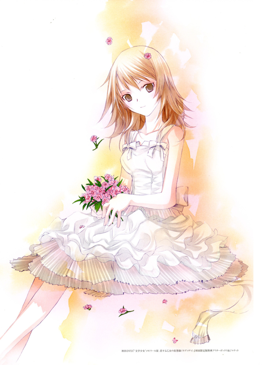 1girl absurdres brown_eyes brown_hair bungaku_shoujo dress flower highres kotobuki_nanase messy_hair official_art takeoka_miho