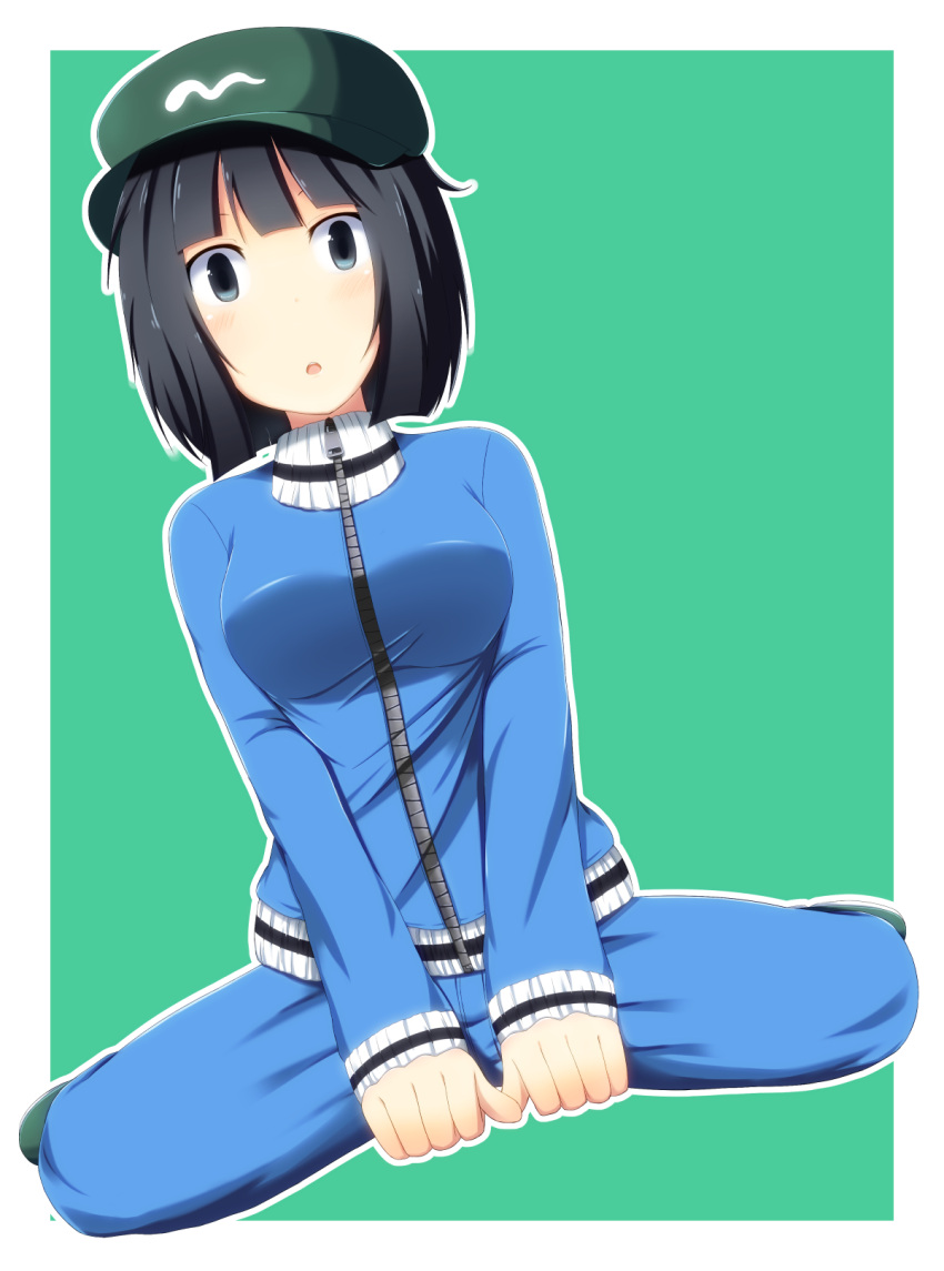 1girl alternate_costume black_eyes black_hair dark_haired_kappa hat highres kappa_mob kokubun_(akikawaship) looking_at_viewer seiza short_hair sitting solo touhou track_suit