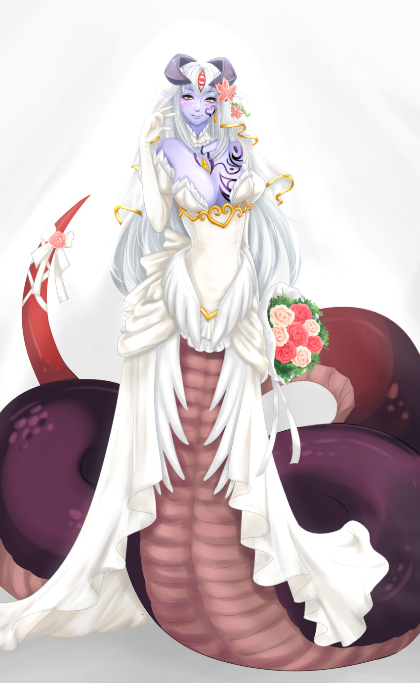 1girl absurdres alisfieze_fateburn_xvi bare_shoulders blush bouquet breasts bride cleavage detached_collar dress elbow_gloves flower full_body gloves hair_flower hair_ornament highres horns jewelry lamia long_hair mon-musu_quest! monster_girl purple_skin ribbon scales simple_background single_earring sleeveless sleeveless_dress slit_pupils smile solo tail tail_flower tail_ribbon tattoo tscbr very_long_hair wedding_dress white_background white_hair yellow_eyes